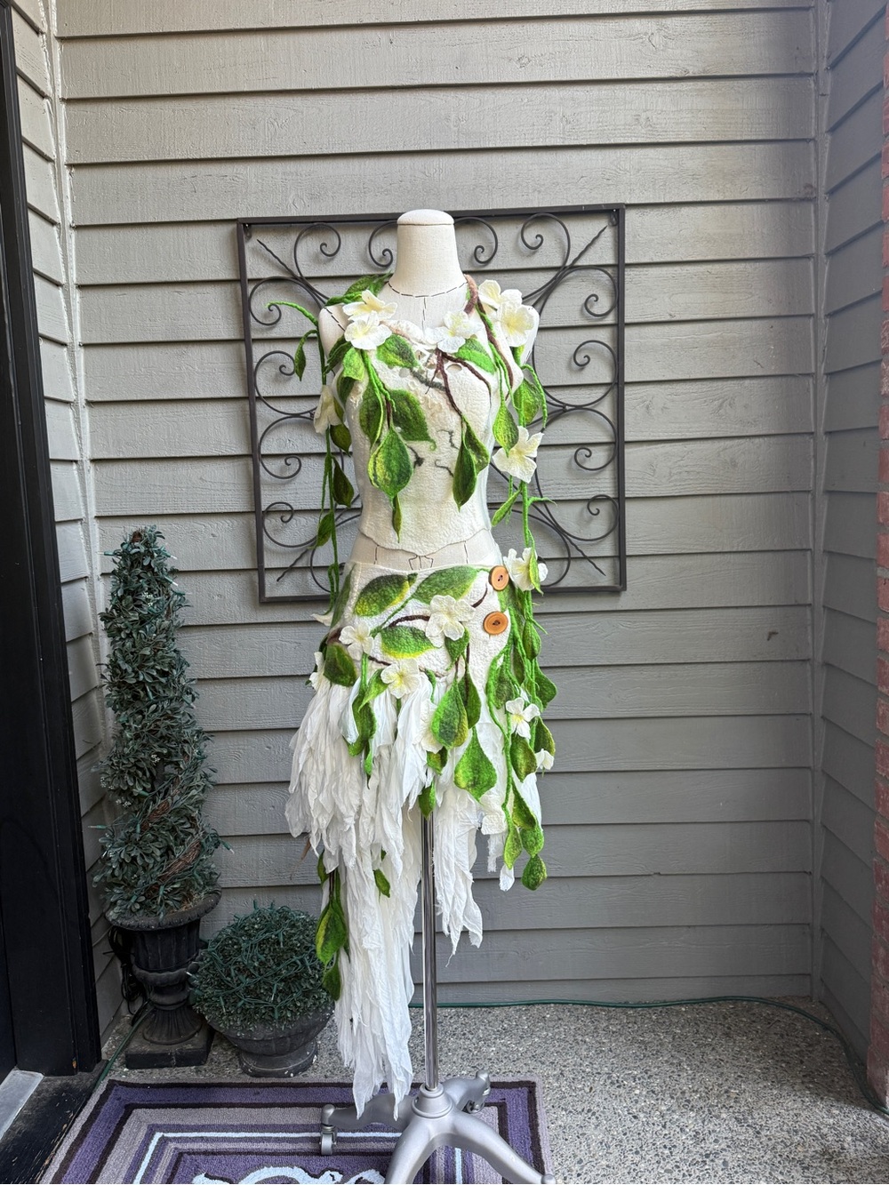 OOAK Handmade Felted Fairy Costume Leaf Draped Dress White & Green Size: Small